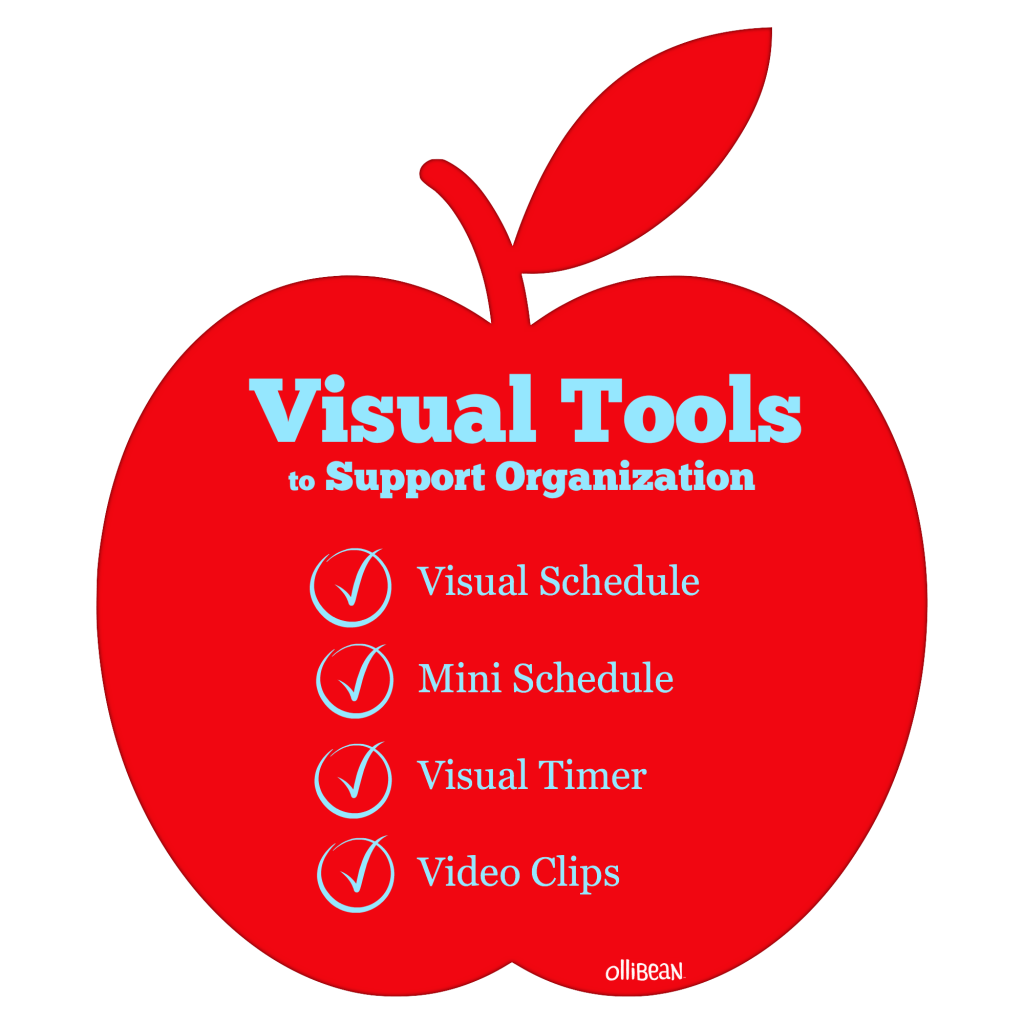 Image of red apple with blue text :" Visual Tools to Support Organization, Circles with checkmarks before the following words: " Visual Schedule, Mini Schedule,Visual Timer,Video Clips"