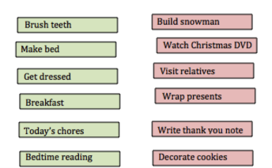 Image of 6 green vertically aligned boxes next to 6 pink vertically aligned pink boxes . The green boxes have black font and the following phrases: 