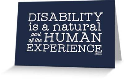 Image of a greeting card with navy background and “Disability is a natural part of the human experience” in white.