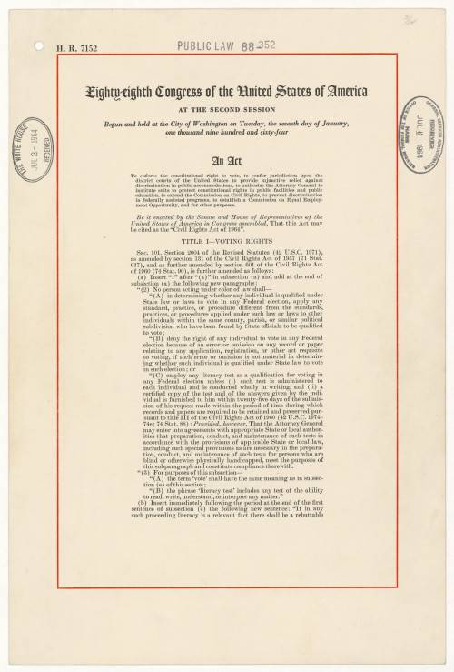 Image is of the first page of the Civil Rights Act of 1964. Credit National Archives.