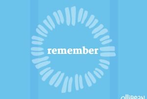 Image description: Blue square with large circle of white equal signs of various shapes and sizes . White text in center of circle reads "remember" . In bottom right corner of rectangle the word ollibean is in white.