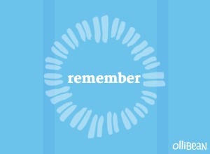 Image description: Blue square with large circle of white equal signs of various shapes and sizes . White text in center of circle reads "remember" . In bottom right corner of rectangle the word ollibean is in white.