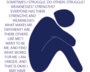 A dark blue outline of a person with no distinguishable facial features curled up with arms resting on bent knees. Figure is surrounded by text that reads: "Am I okay? Am I really that different? Sometime I struggle. Do others struggle? Weaknesses? Strengths? Everyone has their strengths and weaknesses. What makes me different? Are there others like me? I want to be me, and find what works for me. I am unique, and that is okay. I may have different needs, but I am not a burden."