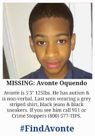 photo of teenage boy. He has brown hair and skin / Text Reads " Missing Avonte Oquendo#FindAvonte"