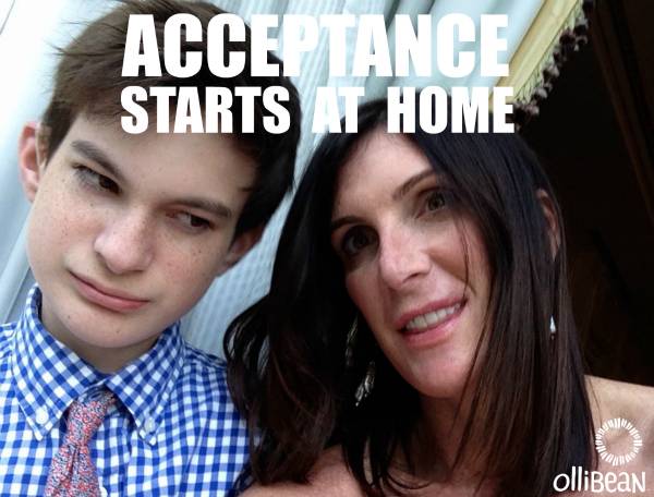 "Acceptance starts at home" Photograph of teenage boy with white skin and brown hair with woman with white skin and dark brown shoulder length hair