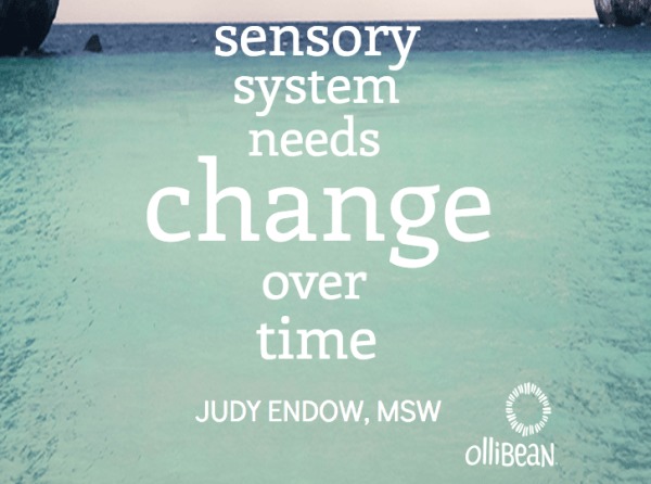 Photograph of aqua and blue ocean. Text reads "Sensory system needs change over time, JUDY ENDOW,MSW on Ollibean"