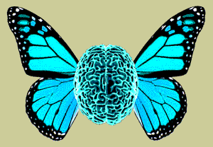 [Image Description: The NeuroFly: top view of a bright blue human brain, with bright blue butterfly wings sprouting out of the sides.]