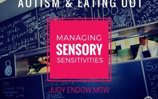 Photograph of restaurant kitchen with chalkboard writing on walls. Text reads "AUTISM & EATING OUT: MANAGING SENSORY SENSITIVITIES by Judy Endow on Ollibean"