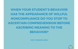 When your student’s behavior has the appearance of willful noncompliance do you stop to ascertain comprehension before ascribing meaning to the behavior? Judy Endow, MSW on Ollibean. Ollibean logo is a circle made up of equal signs of different shapes, colors, and sizes.