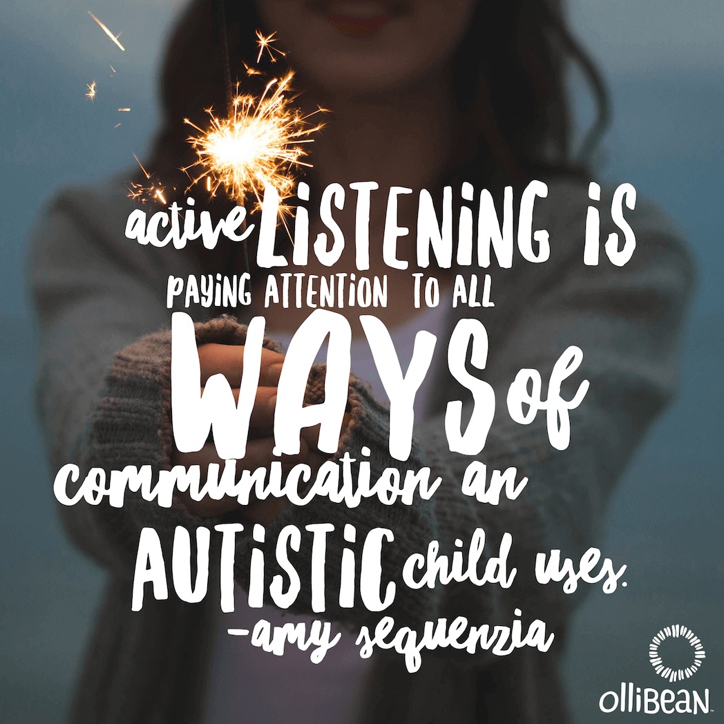 Photo of a girl holding a sparkler. Text reads: Active listening is paying attention to all possible ways of communication an Autistic child uses. Amy Sequenzia on Ollibean