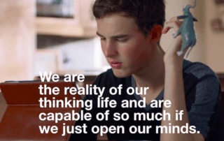 Photograph from Apple video, 'Dillan's Voice'. Teenage boy is typing on iPad. Text reads: We are the reality of our thinking life and are capable of so much if we just open our minds. Dillan Barmache