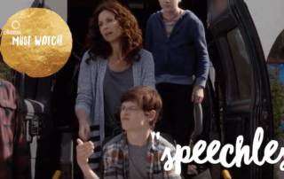 Text : Speechless Ollibean Must Watch. The family in the comedy "Speechless" standing by van.