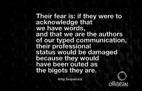 Their fear is: if they were to acknowledge that we have words, and that we are the authors of our typed communication, their professional status would be damaged because they would have been outed as the bigots they are. Amy Sequenzia on Ollibean 
