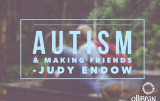 Image of the two people sitting in the woods with backs facing camera. Text reads, Autism and Making Friends by Judy Endow on Ollibean