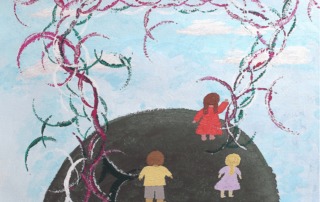 Two Person Tail Intrusion, Art by Judy Endow. Back of child in red dress, child in pink dress and child in yellow shirt standing on earth with sky and sun sparkles.